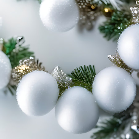 Christmas background with white baubles and christmas tree branches.の素材