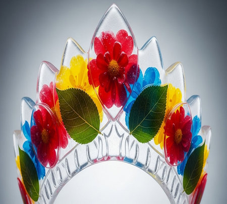 crystal crown with flowers on a gray background, close-upの素材