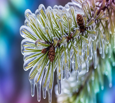 Frosty pine tree branch with snow and icicles close upの素材