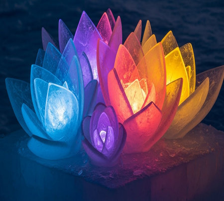 Colorful water lily on the ice, closeup of photoの素材