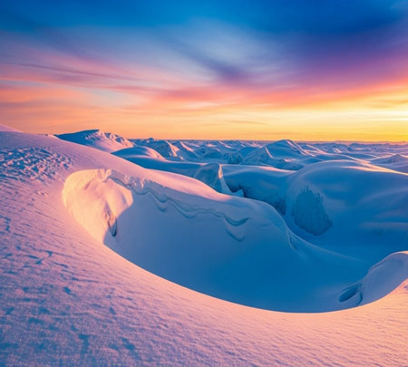 Beautiful winter sunset in the mountains. Colorful winter landscape.の素材