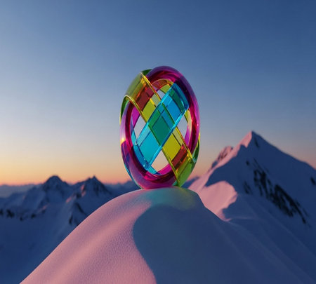 3d illustration of a crystal ball on top of a snowy mountainの素材