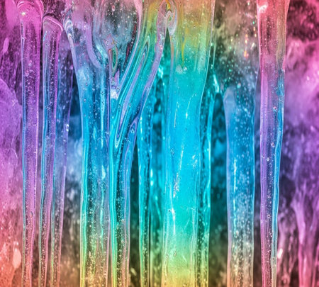 Abstract background texture. Multicolored transparent icicles on a rainbow background.の素材