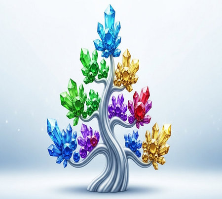 3d illustration of tree made of multicolored crystals on white backgroundの素材