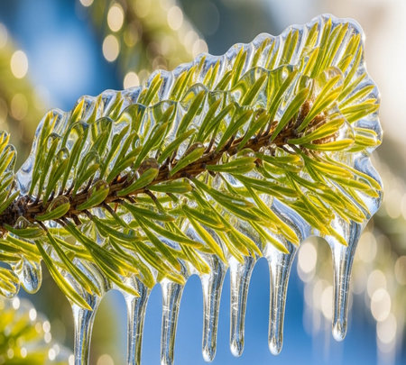 Frozen pine branch with ice crystals close-up. Winter backgroundの素材