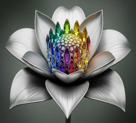 Lotus flower with multicolored gems. 3D illustration.の素材