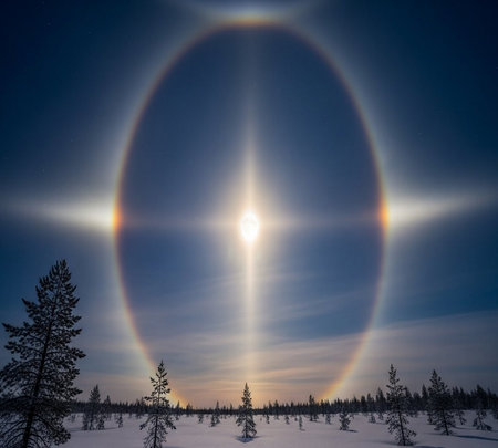 Halo in the sky above the snow-covered taiga forestの素材