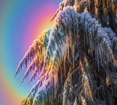 Frozen tree branches in winter with rainbow in the sky. Winter landscape.の素材
