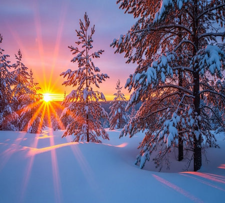 Beautiful winter landscape with snow covered trees at sunset. Carpathian, Ukraine, Europe.の素材