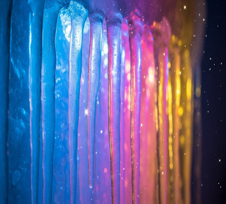 Icicles frozen in ice cave. Frozen icicles close upの素材