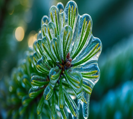 Frosted pine branch close up with bokeh background.の素材