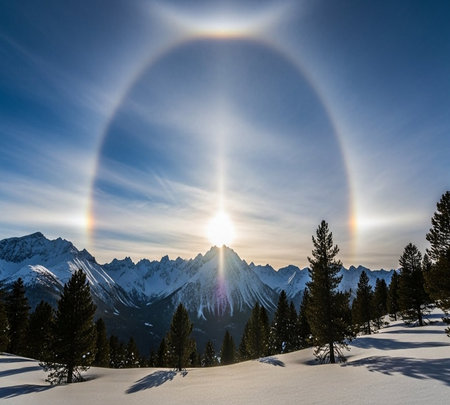 The sun halo over the snow-capped peaks of the Alpsの素材