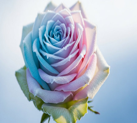 Beautiful multicolored rose on a blue background. Close-up.の素材