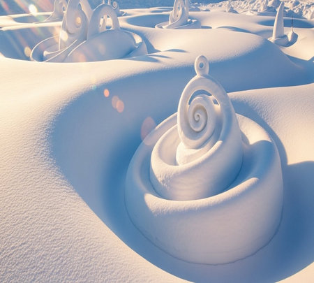Snow sculpture in the form of a spiral on the background of snowdriftsの素材
