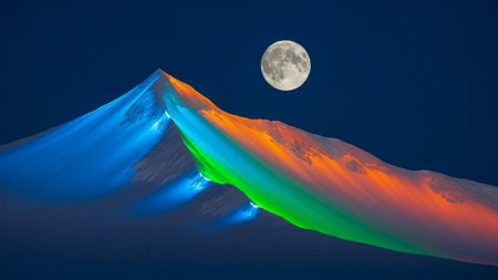 Volcanic eruption in the background of the full moon. 3D illustrationの素材