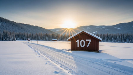 Wooden hut in winter landscape at sunset. Carpathian, Ukraineの素材