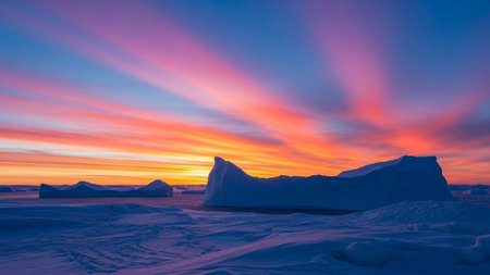Beautiful sunset over icebergs in Antarctica. Long shutter speed.の素材