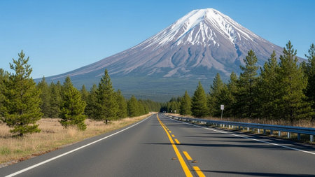 Panoramic view of Mount Fuji and Asphalt Road in Japanの素材