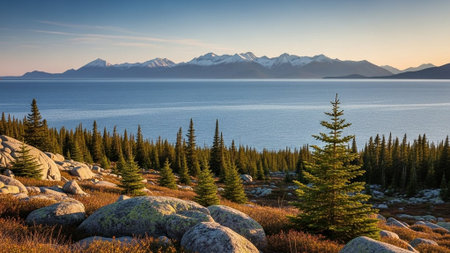 Lake Tahoe at sunrise with pine trees and mountains in the backgroundの素材