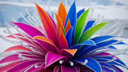 Colorful artificial flowers in the shape of a flower on the snowの素材
