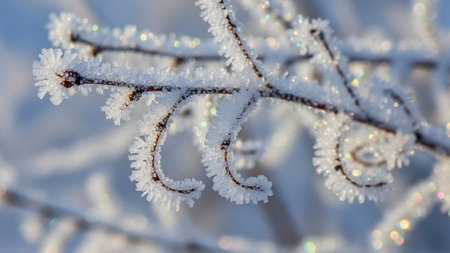 Hoarfrost on the branches of a tree in the winter.の素材