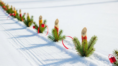 Row of christmas trees with red ribbons on white snow backgroundの素材