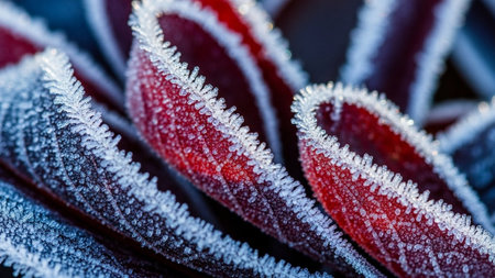 Close-up of frozen red leaves. Macro photo of frozen plants.の素材