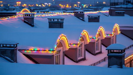 Night view of the snow-covered roofs of houses in the cityの素材