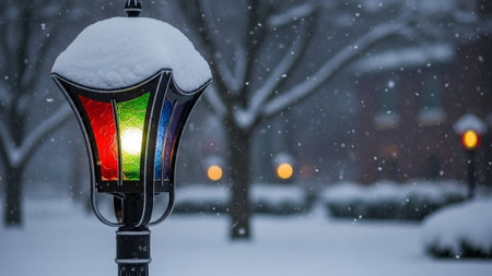 street lamp in the city during a snowfall in winter. High quality photoの素材