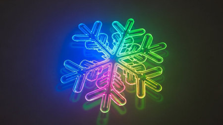 Snowflake neon glow on dark background. 3D rendering illustration.の素材