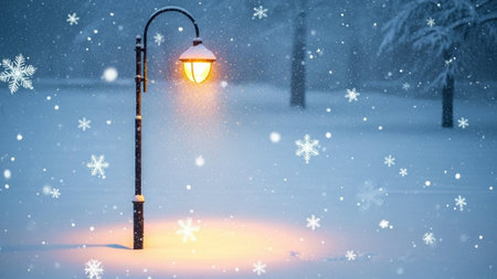 Winter landscape with street lamp and falling snowflakes. Christmas background.の素材