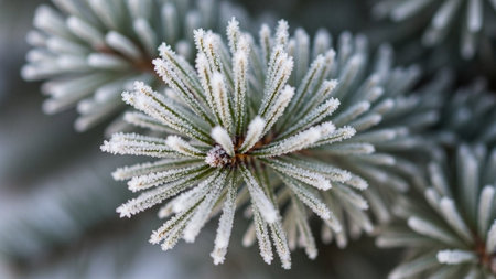 Pine branches covered with hoarfrost. Close-up.の素材