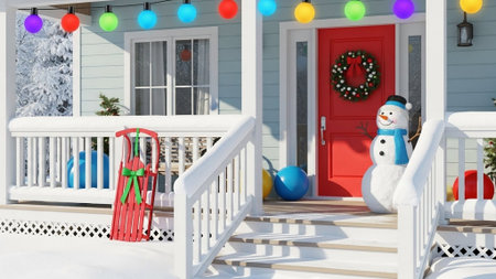 Snowman on porch of a house decorated for Christmas. 3d renderingの素材
