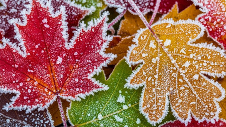 Colorful autumn leaves covered with hoarfrost, close-upの素材