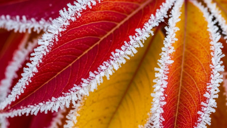 Close up of red and yellow autumn leaves covered with hoarfrostの素材