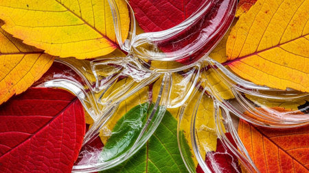 Autumn background with colorful leaves and ice cube. Close up.の素材