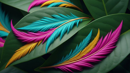 Multicolored feathers on green leaves background. 3d illustration.の素材