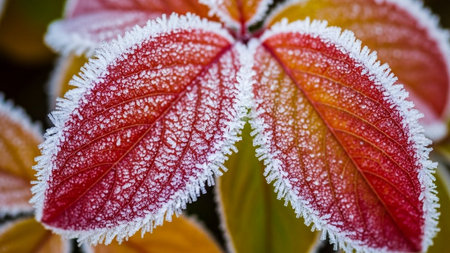 Frosted leaves of a red dogwood in the early morningの素材
