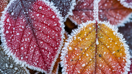 Colorful autumn leaves covered with hoarfrost, close-upの素材