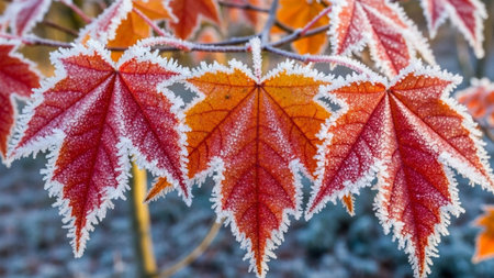Close-up of red maple leaves covered with hoarfrost on a cold winter dayの素材