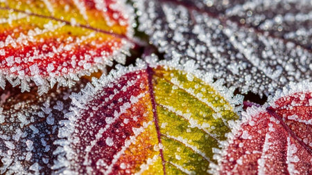 Frost on autumn leaves. Macro photo with shallow depth of fieldの素材