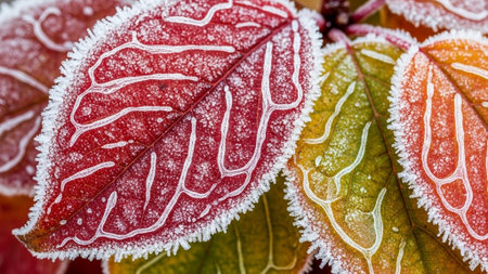 Frost on the leaves of a red-green leaf in winterの素材