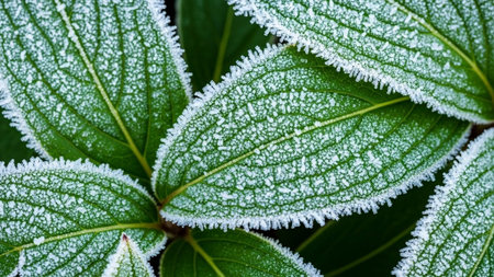 Close-up of green leaves covered with hoarfrost. Natural background.の素材