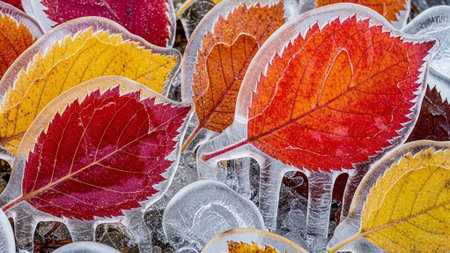 Frozen leaves on ice close up. Colorful autumn background.の素材
