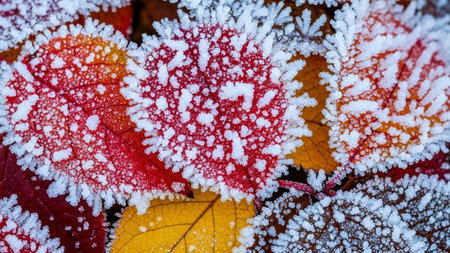 Colorful autumn leaves covered with hoarfrost. Close-up.の素材
