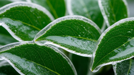 Close up of green leaves with dew drops. Nature background.の素材