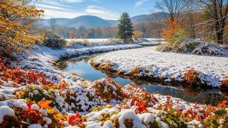 Beautiful winter landscape with colorful trees and river in the Carpathiansの素材