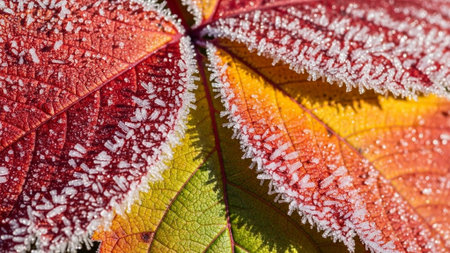 Autumn leaves with hoarfrost, close-up macro photoの素材