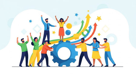 Teamwork concept. Group of people working together with gear. Vector illustration in flat styleの素材