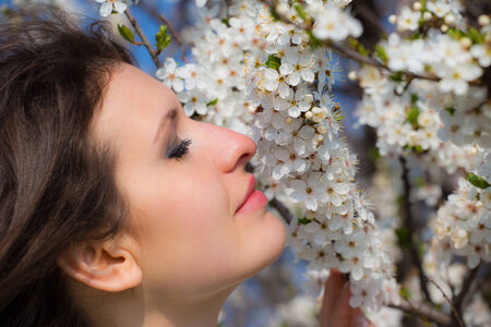 Beautiful girl smells a blooming treeの写真素材